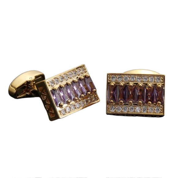 Elegant Rectangular Gold Cufflinks with Purple Amethyst and White Topaz - Picture 1 of 17